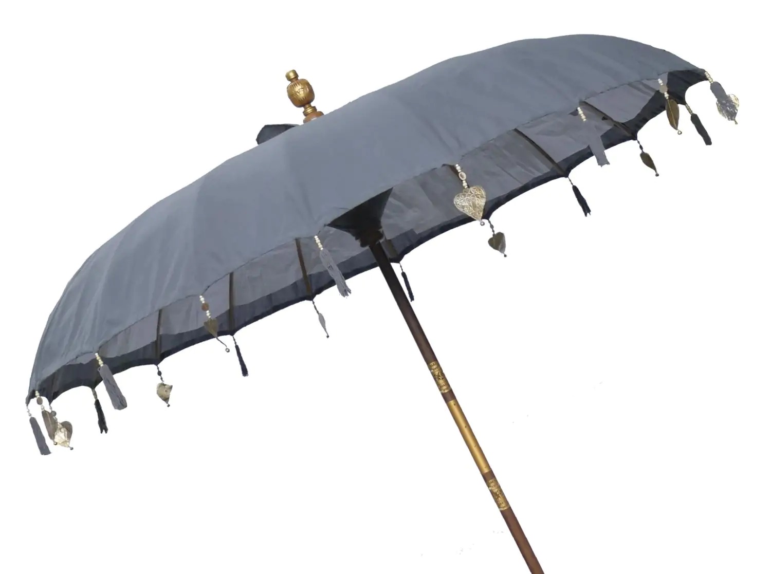  Product image 2 of the product “Bali umbrella , dark grey 2 with wooden coins and gold leaves hanging around the edge. Approx. 230cm dia. and 250cm height ”